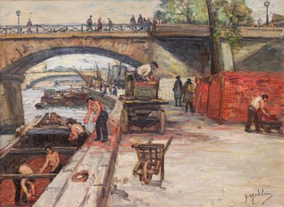 null Gustave MADELAIN (1867-1944)
Péniche au Pont-Marie
Huile sur toile signée en...