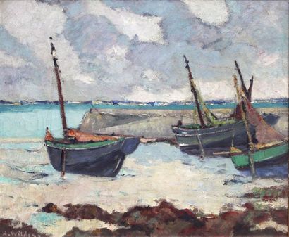 null André WILDER (1871-1965)
Bateaux marée basse Saint Pierre.
Huile sur toile signée...