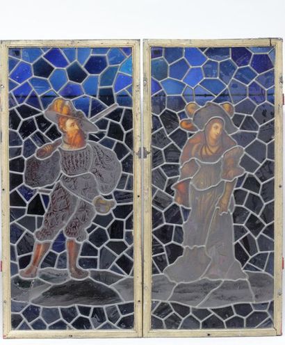 null Paire de vitraux representant un homme et femme dans le gout Renaissance ( accidents...