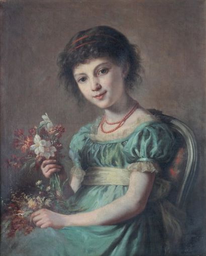 null ECOLE FRANCAISE VERS 1900-1920

Jeune fille assise tenant des fleurs 

Huile...