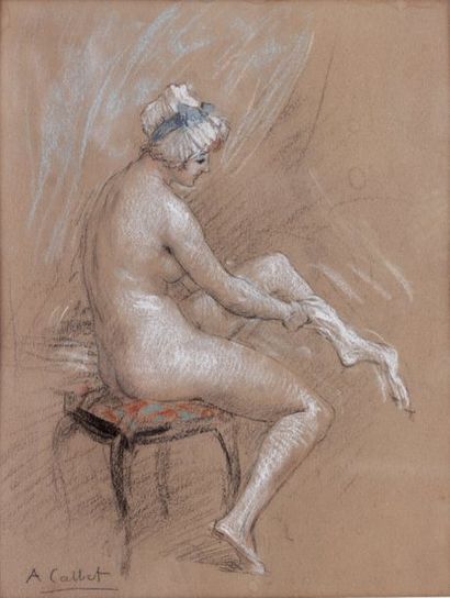 null Antoine CALBET (1860-1944)
Jeune femme assise enfilant un bas
Pastel signé en...