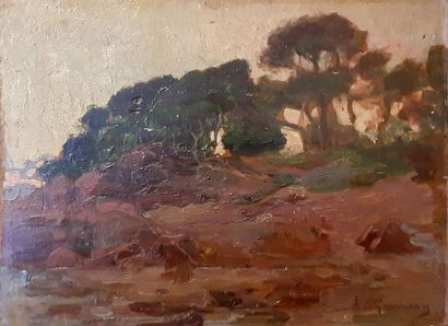  19th CENTURY FRENCH SCHOOL Pine trees on the creek Oil on panel signed lower right...