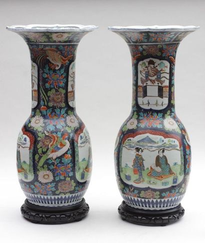 null Pair of large porcelain VASES with long cornet-neck with polychrome decoration...