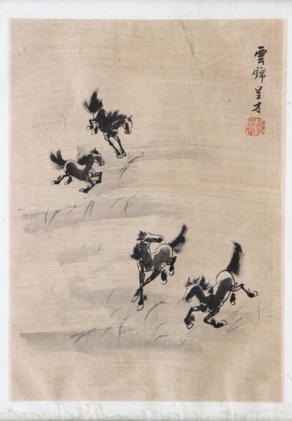  Chinese ink on silk representing galloping horses, with a cahet on the top right...