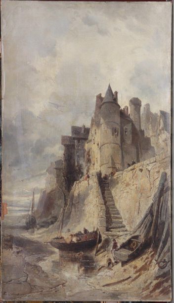 ÉCOLE FRANÇAISE, fin du XIXe siècle Voiliers et barques échoués auprès des falaises...