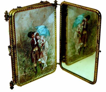 null Joli miroir à trois faces avec chromolithographie. Taille: 17n5x12 cm. 