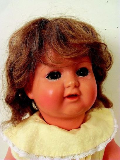 null « Coline », French celluloïd doll by PETITCOLIN, open mouth with two teeth,...