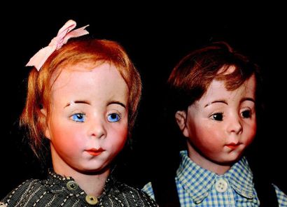 null Rare paire de poupées caractères artistiques Franco-Belges, têtes pleines en...