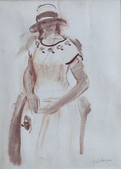 null Henri LEBASQUE (1865-1937)
Femme au chapeau à la martingalle noire
Lavis d'encre...