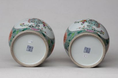 null Pair of porcelain VASES of pansue shape with floral enamel decoration, elephant...