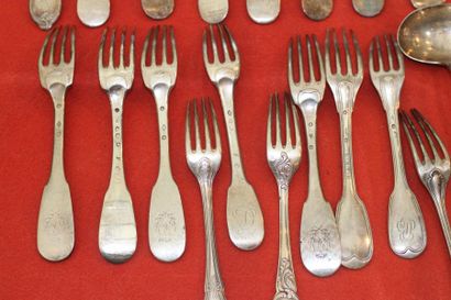 null LOT mismatched silver
10 forks - 8 spoons - one sauce spoon 
Hallmarks: Rooster...