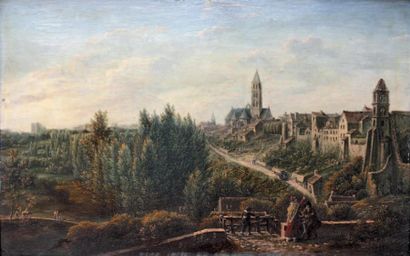 ÉCOLE FRANÇAISE, fin du XIXe siècle Promeneurs près de Château Landon Huile sur panneau....