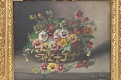 null KOCH  (XIXeme siècle)
Bouquet de pensées dans une panière
Huile sur toile signée...