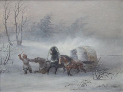 null ECOLE ETRANGERE end 19th century
The three horses carriage in the snowstorm
Oil...