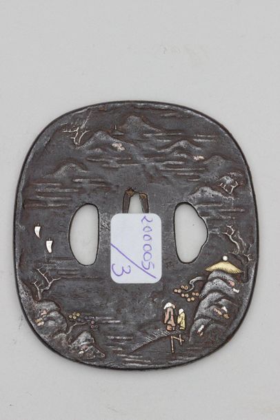 null TSUBA Kaku gata in iron with decoration applied on the faces of characters and...