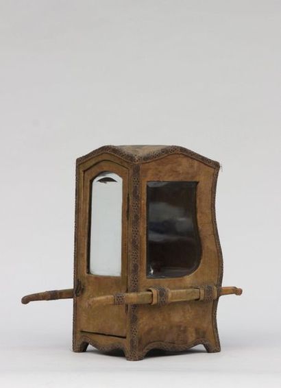 Small wooden sedan chair covered with fabric,...