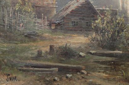 null RUSSIAN SCHOOL late 19th century
Wooden houses by the river
Oil on canvas monogrammed...