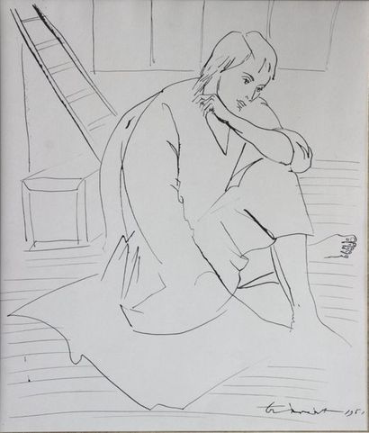 null Pierre-Yves TRÉMOIS ( 1921)
Young man crouching Chinese ink
drawing signed and...