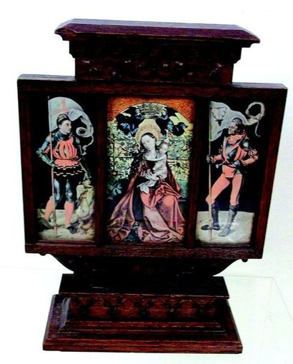  -Petit autel miniature de voyage L 23 cm H 10 cm avec objets liturgiques en plomb...