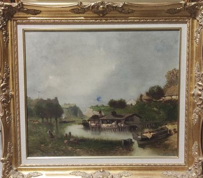  EUGENE DESHAYES (1828-1890), Le Lavoir  Huile sur toile signée en bas à droite Petite...