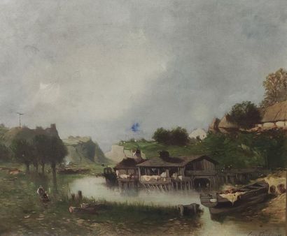  EUGENE DESHAYES (1828-1890), Le Lavoir  Huile sur toile signée en bas à droite Petite...