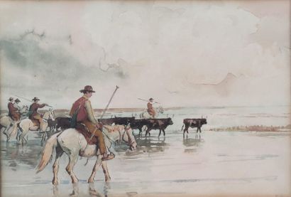 null Édouard DOIGNEAU (1865-1954) attribué à 
Gardians menant les taureaux dans les...