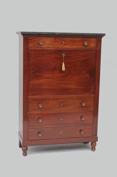 null SECRETARY right mahogany veneer opening by four drawers and a flap revealing...