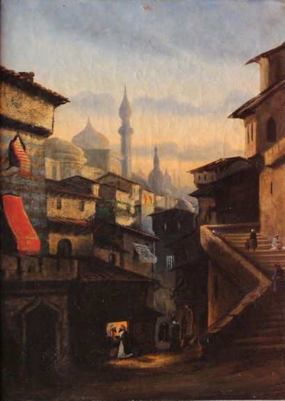  ECOLE ORIENTALISTE Fin du XIXeme siècle Coucher de soleil sur la ville arabe Huile...