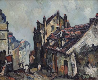  Pierre DUMONT (1884-1936) Mimi Pinson's house in Montmartre Oil on canvas signed...