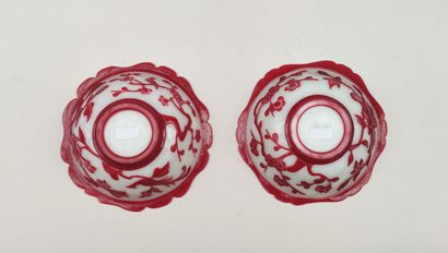 null 
Pair of red PEKIN glass CUTTERS on a milky white background with a trendy bird...