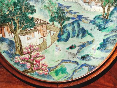 null 
ROUND PLATE in polychrome enamelled porcelain with landscape motif with mountains...