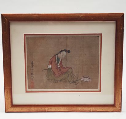 null 
SMALL PAINTING on fabric representing a young woman sitting a lotus next to...