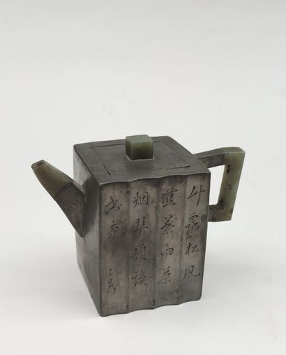 null 
Pewter teapot with square section decorated on the bamboo body, stamp inside,...