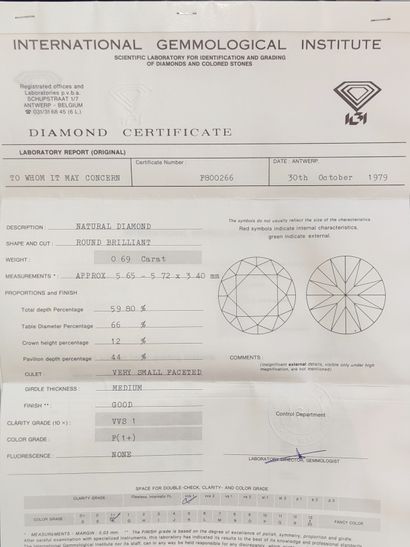 null 
DIAMOND size Modern Brilliant under seal with a weight of 0.69 carat
Colour:...
