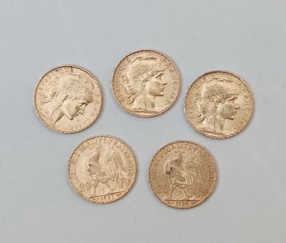 
5 pièces or 20 francs France, Poids 32.2...