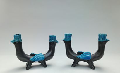 null 
Georges JOUVE (in the taste of)
Pair of double CANDLES in black and blue enamelled...