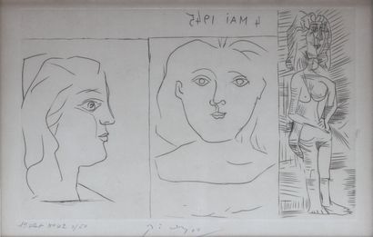 null 
PICASSO Pablo (1881-1973)
Le modèle en pied et visages de face et de profil
Gravure...