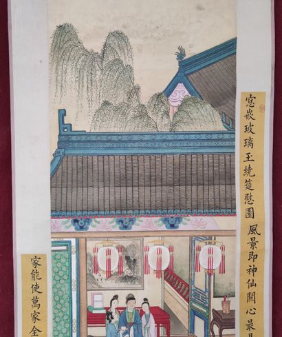 null 
Scroll painting in the Jiao Bingzhen style depicting a gathering of characters

a...
