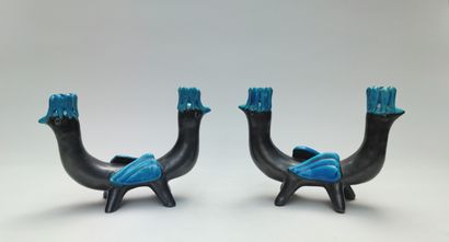 null 
Georges JOUVE (in the taste of)
Pair of double CANDLES in black and blue enamelled...