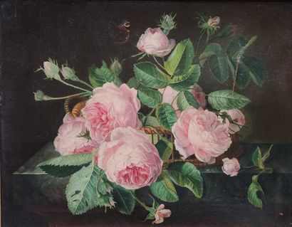 null 
ECOLEFRANCAISE DU XIXe SIECLE

Papillon posé sur un jetée de roses dans un...
