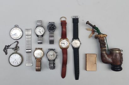 null 
LOT including 6 wristwatches, 2 pocket watches, 1 DUPONT lighter and a bracelet...