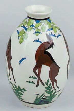 CATTEAU Charles (1880-1966) Vase en faïence glacée de forme ovoïde à col évasé à...