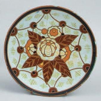 CATTEAU Charles (1880-1966) Petit plat en faïence fine et émaux mats, de forme circulaire....
