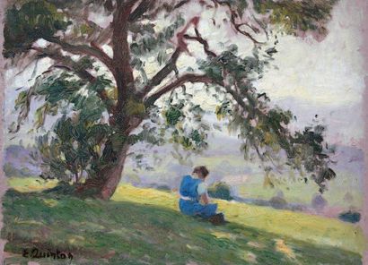 Edmond QUINTON (1892-1969) Jeune femme assise sous un arbre Huile sur panneau signée...