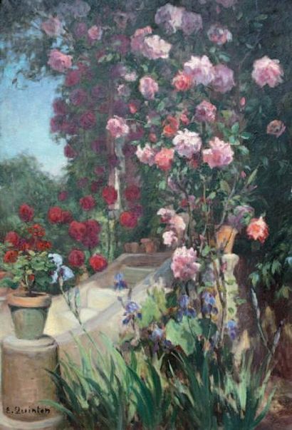Edmond QUINTON (1892-1969) Le rosier en fleur près du perron Huile sur isorel signée...