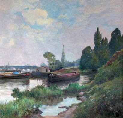Edmond QUINTON (1892-1969) Péniche sur la Marne près de Créteil Huile sur isorel...
