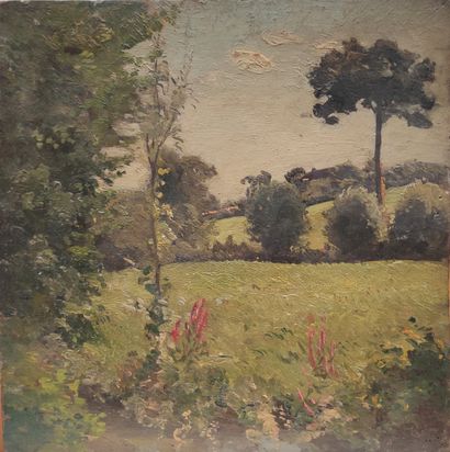 null 
FRENCH SCHOOL
Landscape
Oil on cardboard bearing a signature to be verified:...