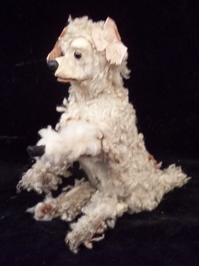 null 
Mechanical dog covered with plush, glass eyes (tail damaged) made in France...