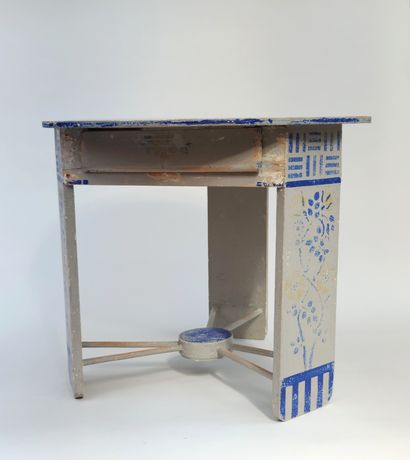 null 
small TABLE and CHAIR in reduction realized in grey and blue painted wood by...
