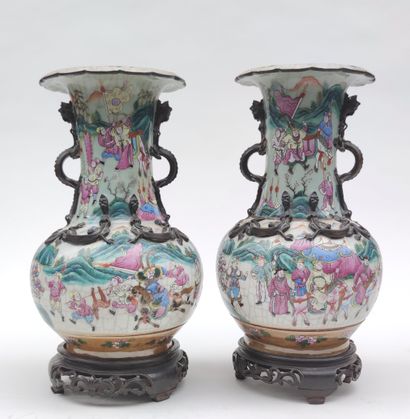 
Pair of cracked porcelain VASES with polychrome...
